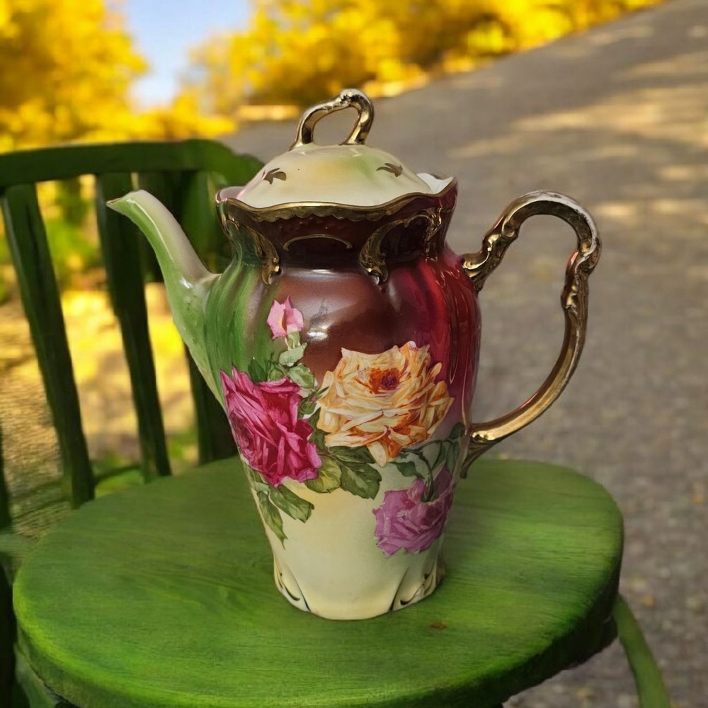 Lefton Multicolor Floral Teapot with Gold Accents